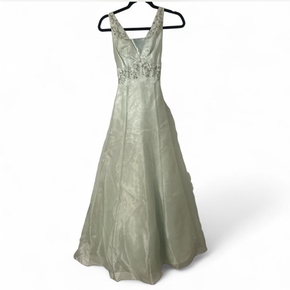 Satin Sea Foam Green V-Neck Embroidered Prom Gown